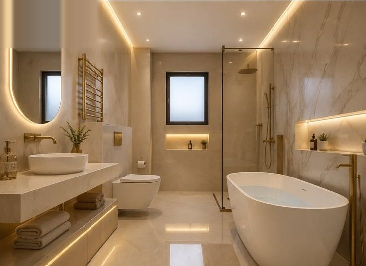 The same bathroom at handover: pale marble, freestanding tub, walk-in shower, brass fittings