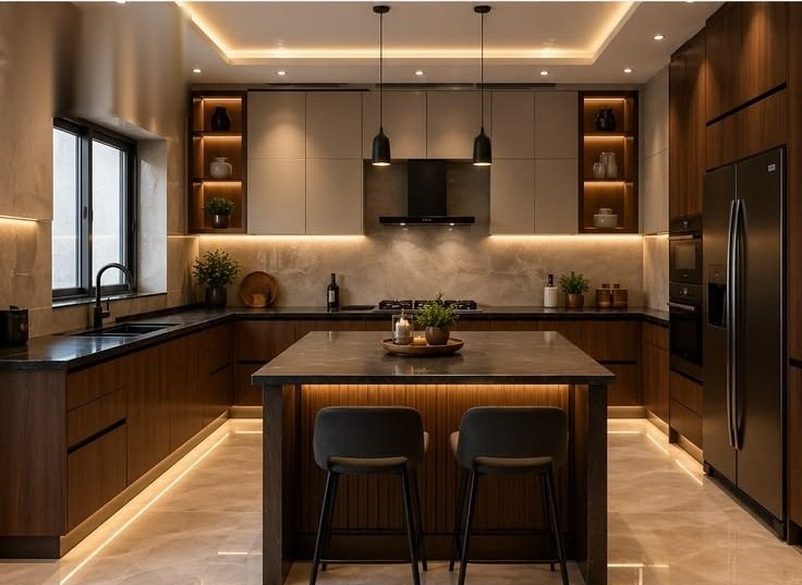 The same kitchen at handover: timber units, black stone tops, island and under-cabinet light
