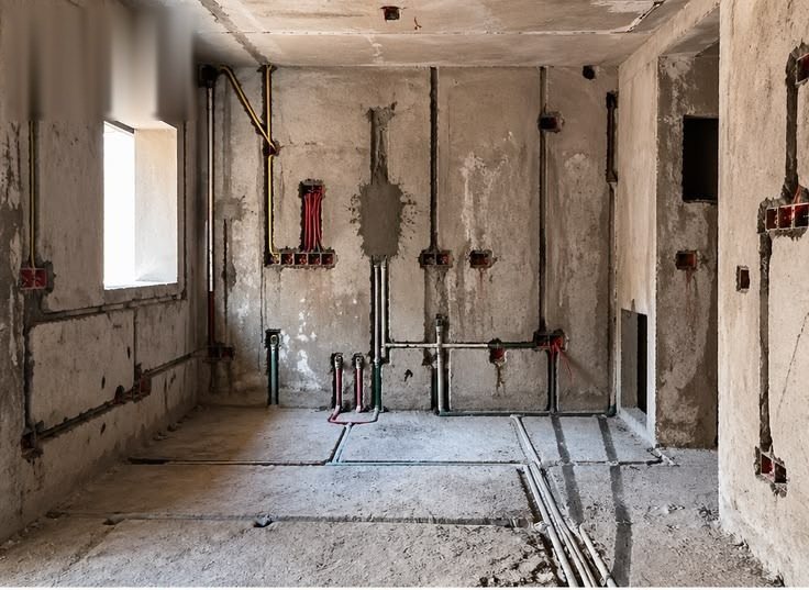 A kitchen on bare shell: plumbing and wiring chased into the walls before plaster