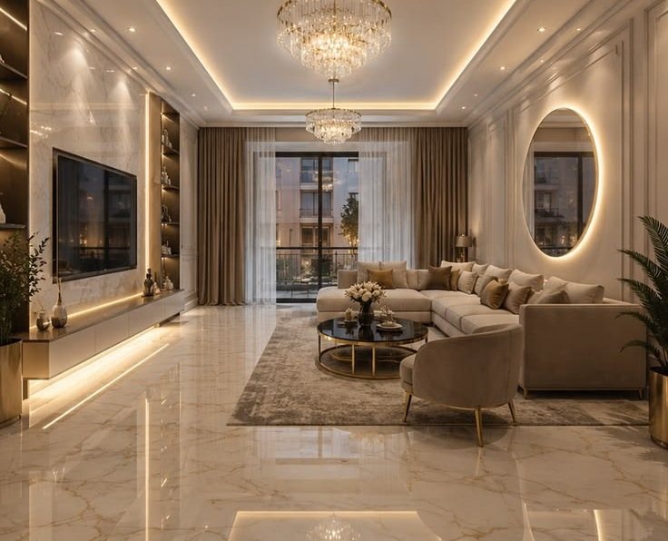 The same living room at handover: marble floor, coved gypsum ceiling, crystal chandelier