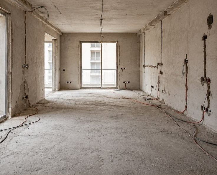 A living room on bare shell: concrete walls, exposed first-fix wiring, unscreeded floor